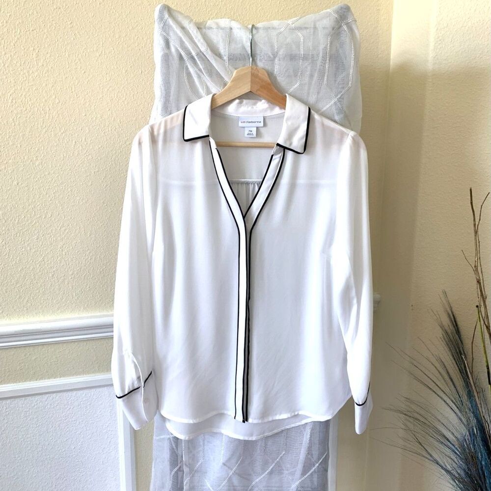 Liz Claiborne White Long Sleeve Blouse with Black Contrast Trim